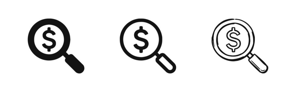Money Search Icon Set with Magnifying Glass and Dollar Sign for Financial Analysis