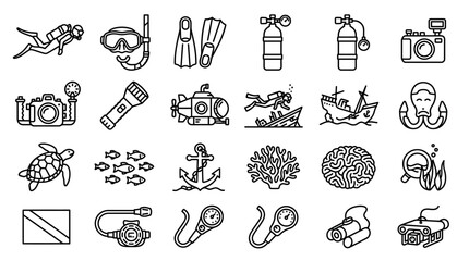 Fototapeta premium A diverse set of outline icons showcasing essential scuba diving gear, intriguing marine creatures, and captivating underwater exploration elements, ideal for aquatic adventure designs