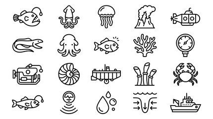 Fototapeta premium Collection of marine and ocean-themed icons, including sea creatures, underwater vehicles, and geological formations