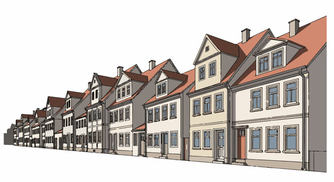 A row of traditional houses with gabled roofs in a quaint street scene