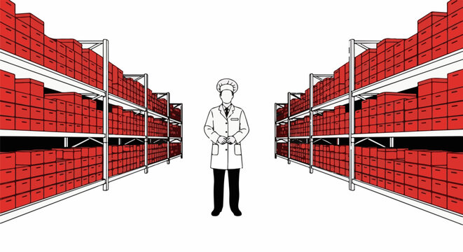 A person in a lab coat stands between two rows of shelves filled with red boxes
