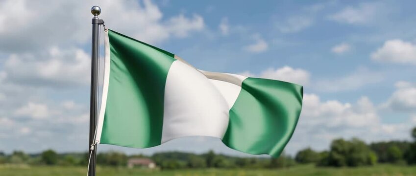 Waving Nigerian flag with green-white-green vertical stripes on a metal flagpole over a rural landscape, captured in two video frames showing motion against a cloudy blue sky