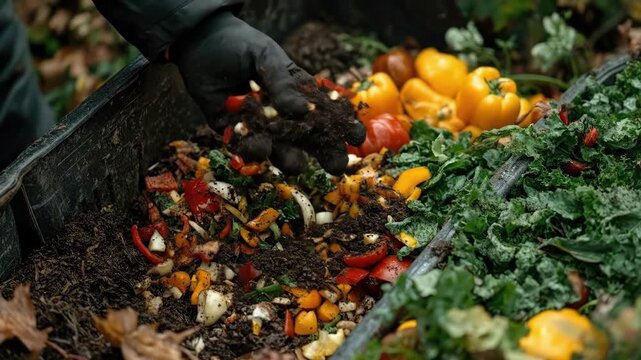 Person composting vegetables and peppers in a garden for sustainable waste management