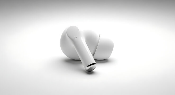 A single white wireless earbud resting on a white surface in a studio setting with soft lighting