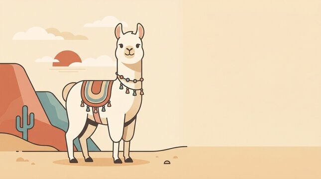 A flat vector Llama illustration wearing a decorative blanket in a cactus desert for children educational materials and cute apparel designs.