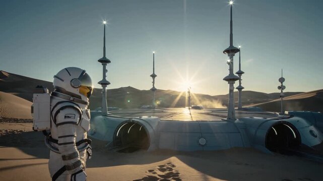 Pausing astronaut in white suit scanning buried masted base on dunes following prints, copy space