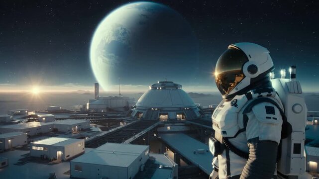 Standing EVA astronaut surveying base on platform with horizon rising, visor glowing, copy space