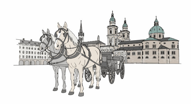 Horse-drawn carriage in front of historical buildings with domes and spires