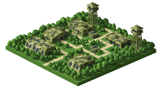 Isometric illustration of a 3D military base featuring barracks and infrastructure, with camouflage buildings and watchtowers surrounded by trees against a white background, rendered