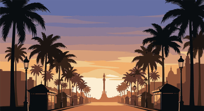 Palm-lined boulevard with a distant monument at sunset