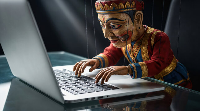 Traditional wooden string puppet typing on modern laptop computer.