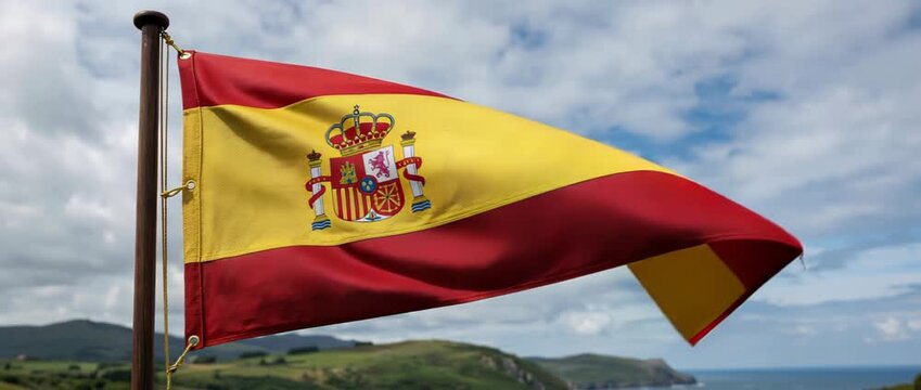 Spanish national flag waving on a metal pole above coastal cliffs under a cloudy sky, close-up of a red and yellow banner with the national coat of arms fluttering in sea breeze