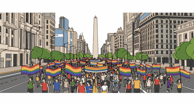 Diverse crowd marches with rainbow flags in a city procession