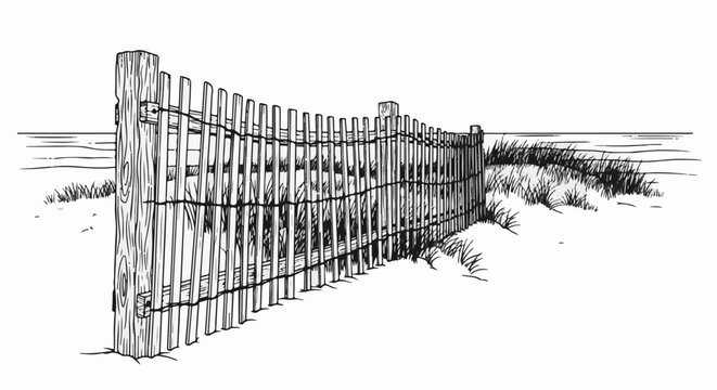 Rustic wooden fence protecting sand dunes from the sea and beach grass