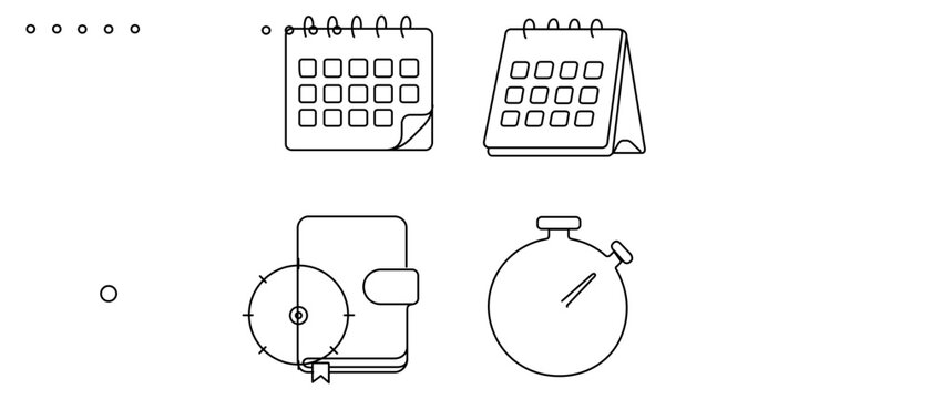 Lifestyle task scheduling vector icon set with editable stroke showcasing spiral wall calendar, desk calendar, leather planner, and analog stopwatch collection of 4 icons for productivity.