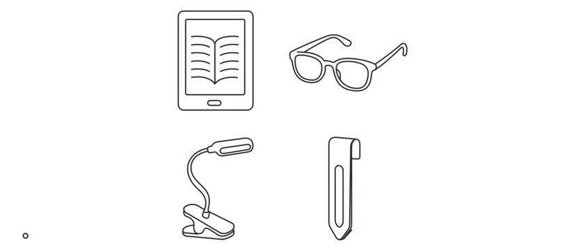 Modern collection of 4 icons for digital reading setup with e-ink book reader, reading glasses, clip light, and metal page marker featuring editable stroke and minimalist thin line vector style.