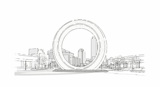 Sketch of a circular gateway overlooking a cityscape with bare trees