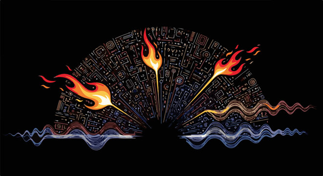 Energetic abstract burst of flames and waves with geometric patterns