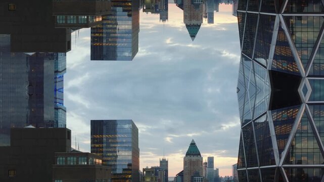 Kaleidoscopic mirror effect of New York City skyline with Hearst Tower and other skyscrapers creating surreal and symmetrical urban landscape at twilight