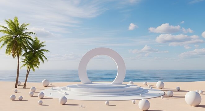 3d podium display with palm trees on a sunny tropical beach background