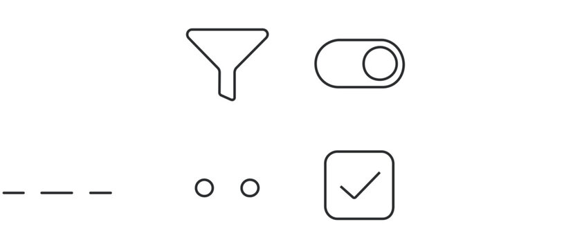 Advanced search and filtering funnel icon set with toggle switch price range slider and category checkbox featuring editable stroke for customizable minimalist professional website interface design