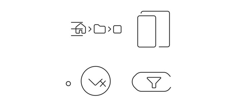 Faceted navigation bar collection of 4 icons with breadcrumb trail side menu drawer dropdown arrow and active filter tag in a minimalist flat vector icon set for website interface ux design