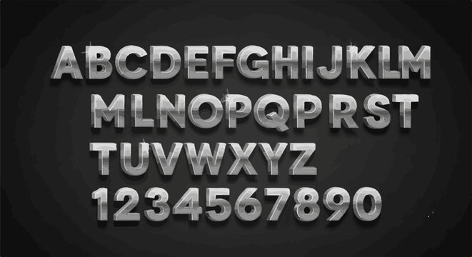 Three rows of textured, metallic alphabet letters and numbers on a dark background