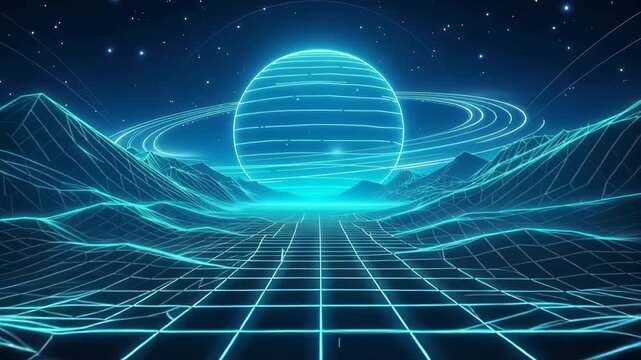Retro-futuristic neon wireframe landscape with a glowing striped ringed planet rising above a luminous grid horizon, synthwave cyberpunk scene under a starry sky