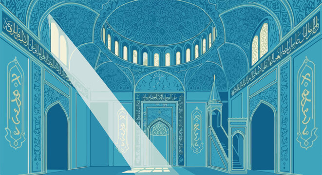 Interior of a grand Islamic mosque, bathed in a dramatic shaft of sunlight