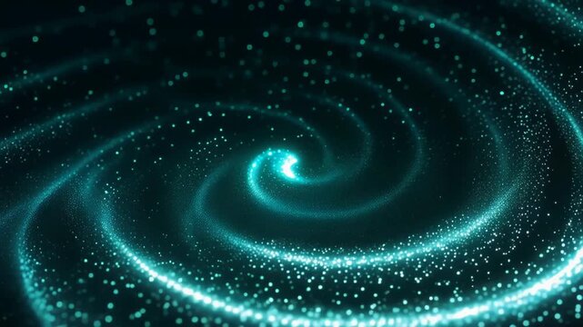 Glowing teal particle spiral forming a hypnotic vortex of luminous points and shimmering trails in a dark abstract cosmic field, resembling a galaxy swirl with motion and depth
