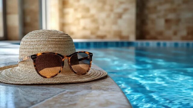Straw hat and sunglasses by sparkling poolside on sunny day