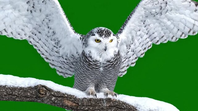 Snowy owl spreading wings on snowy branch over green screen background in premium cinematic b-roll for wildlife conservation marketing