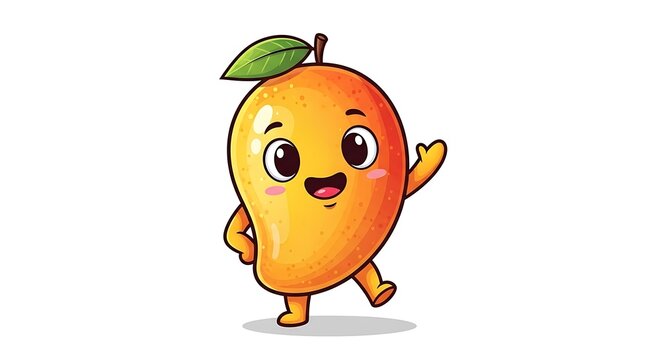 A vibrant mango character with a friendly expression. The cartoon fruit has a green leaf and is waving. White background