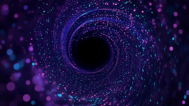 Glowing neon particle vortex forming a spiraling cosmic tunnel or wormhole, with purple and turquoise bokeh lights and glittering stars converging into a central black void