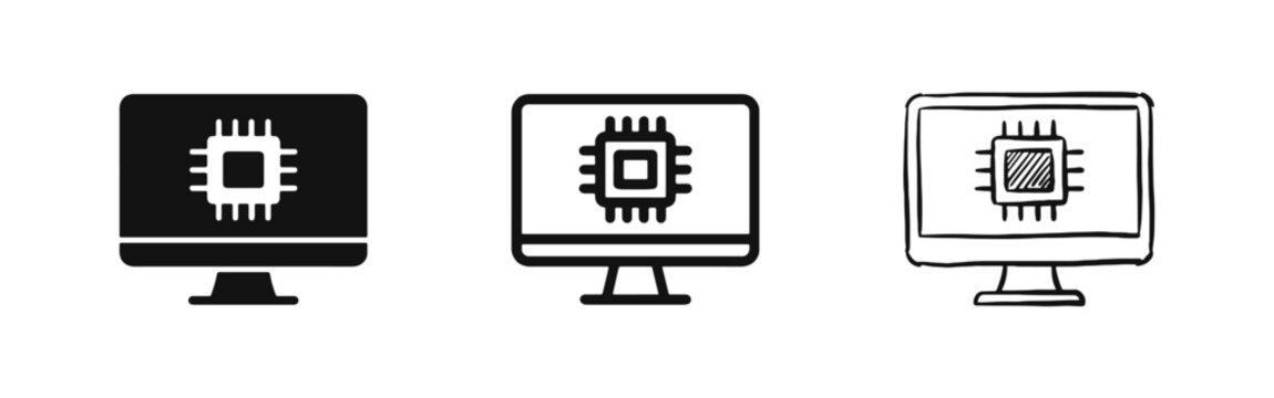 Computer Hardware and CPU Icon Set on Monitor - Solid, Outline, and Hand-Drawn Styles