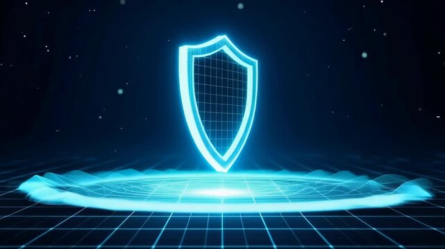 Glowing neon holographic shield and rising pillar above a wireframe digital grid, representing advanced cybersecurity protection, virtual defense and data resilience