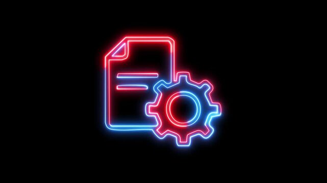 Neon file settings icon animation with glowing blue and red lines on black background motion footage.