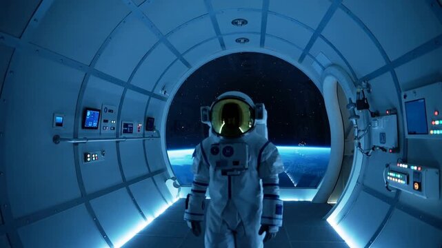 Entering suited astronaut gold-visor pack walking from right door to circular window viewing planet