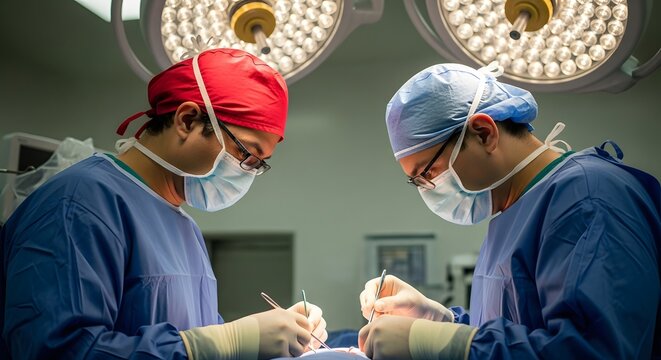 Two surgeons performing a surgical procedure in a modern operating room