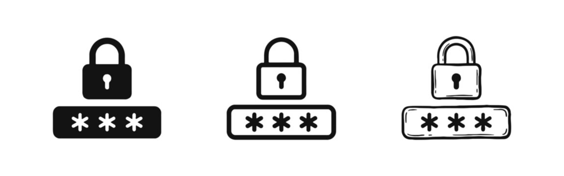 Password Security and Login Icon Set with Padlock - Solid, Outline, and Hand-Drawn Styles