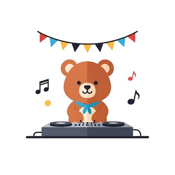 Adorable brown bear DJing at a party with colorful bunting and musical notes floating around. A fun, cartoon-style illustration