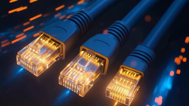Close-up of three glowing RJ45 Ethernet connectors and cables conveying high-speed data streams and illuminated signal pathways, showing network connectivity and transmission