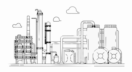 Naklejka premium Industrial Factory Building with Pipes and Tanks Line Art.