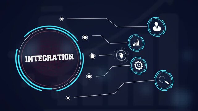 System integration and seamless business workflow concept represented by a futuristic digital interface with icons of interconnected data and technical synchronization