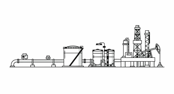 Industrial factory complex with pipes and towers illustration.