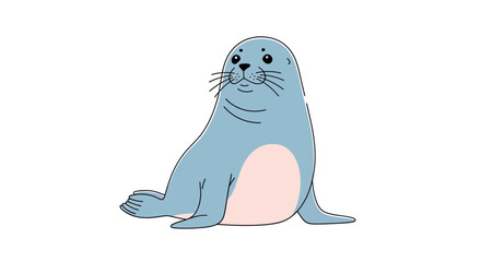 A cute cartoon seal sitting on a plain white background, looking up with big eyes, depicted in a simple yet endearing illustration style with a predominantly blue and pink color scheme. © ahmad