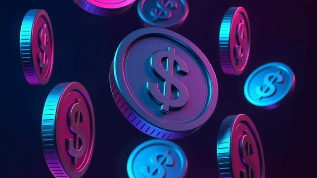 Vibrant 3D render of floating dollar coins with embossed dollar signs illuminated by neon blue and pink lighting, cascading through a dark space to evoke digital currency