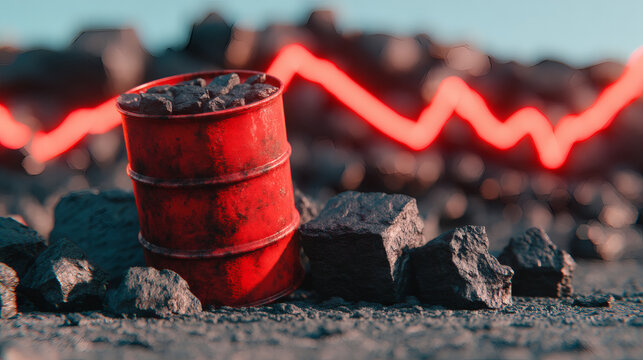 contrast conceptual illustration of a broken oil barrel dissolving into coal rocks with a radiant financial line chart ascending into a brooding sky, surreal realism style, textured details, 