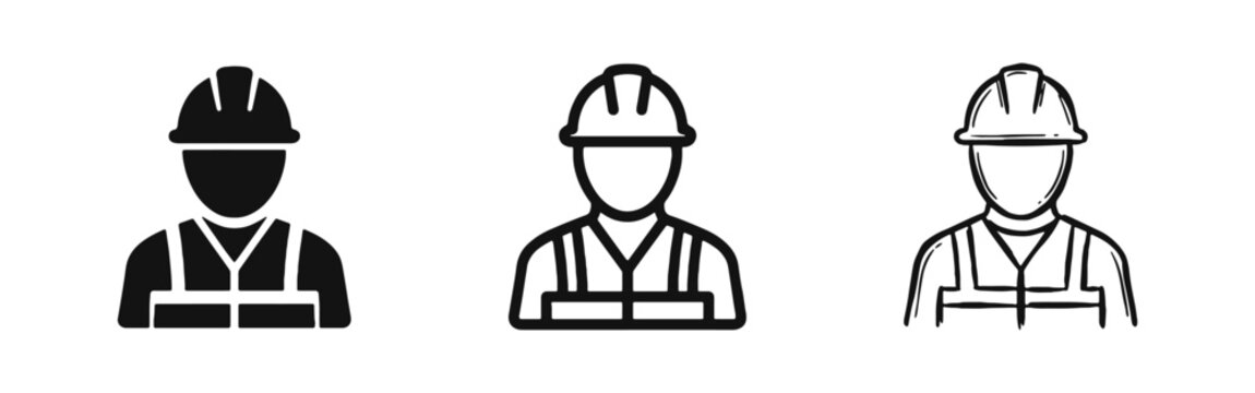 Construction Worker Icon Set - Engineer with Hard Hat and Safety Vest Symbols