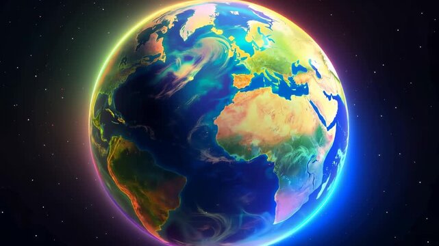 Colorful glowing digital rendering of Earth in space showing continents, oceans, and neon atmospheric illumination, orbiting view highlighting Africa and Europe over the Atlantic